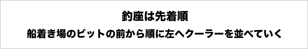 釣座は先着順　船着き場のビットの前から順に左へクーラーを並べていく